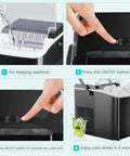 Countertop Ice Maker With Handle Auto Clean showing buttons, water fill, and ice cubes in a 6-minute cycle, RV use.