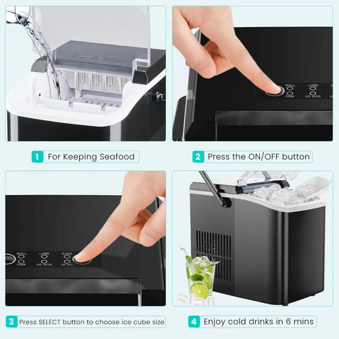 Countertop Ice Maker With Handle Auto Clean showing buttons, water fill, and ice cubes in a 6-minute cycle, RV use.
