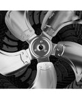 Heavy Duty Industrial Fan With Serious Breeze And Rock Solid Metal Build 45 Degree Tilt Rotary Controls close-up of metal fan blades.
