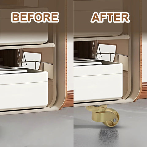 Before and after installation of 4 Pcs Universal Brass Caster Stem Wheels With 360 Degree Rotation And Brass Threaded Stems.