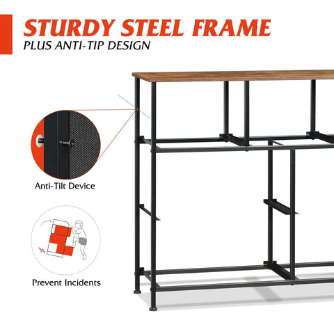 7 Drawer Dresser And TV Stand Media Console With Metal Frame And Wood Top For TVs Up To 45 Inches Space Saving Chest Of Drawers showing anti-tip device and steel frame