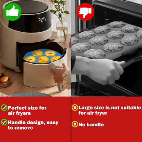 Two Pack 8.3 Inch Silicone Muffin Pan For 3Qt To 5Qt Air Fryers shown fitting in air fryer and larger incompatible tray in oven