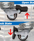 Ultra Low Profile One Inch Swivel Caster Wheels With Dead Quiet TPR Rubber showing open and lock states for beds and cabinets.
