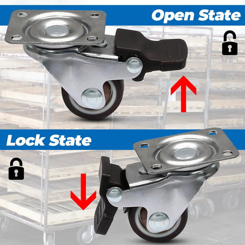 Ultra Low Profile One Inch Swivel Caster Wheels With Dead Quiet TPR Rubber showing open and lock states for beds and cabinets.