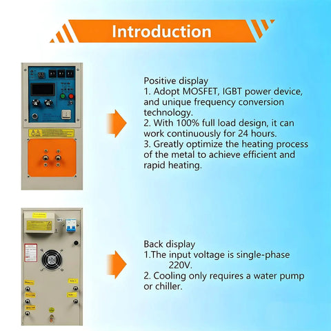 Positive and back display panels of Top Shelf Industrial Induction Heater 15KW Power with control features and specifications.