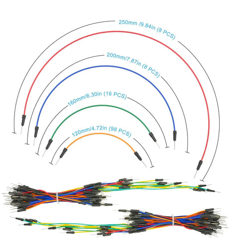 Colored jumper wires in four different sizes for All In One Solderless Breadboard Kit With Two 830-Point Boards And Two 400-Point Boards.