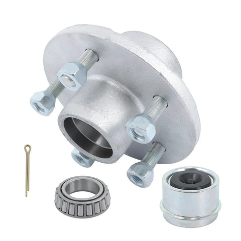 5 Lug Galvanized Trailer Hub Kit with 4.5 Inch Bolt Pattern, 3500lb Capacity, visible with bearing, cotter pin, and nuts