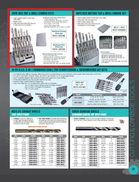 Page displaying 18 Piece High Speed Steel Tap And Drill Combo Set with Precision Hand Taps for metalworking, shown in a steel case.