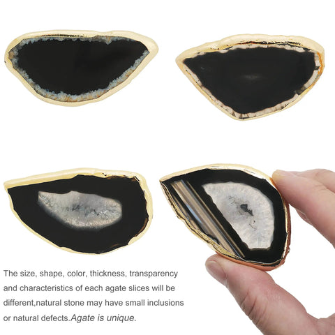 Total Game Changer Natural Black Agate Cabinet Knobs With Heavy Duty Brass Mounting And Polished Gold Plated Drawer Pulls Set Of Four close-up showing unique agate slices with gold edges.