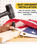 Half-Inch Grommet Tool Kit With 12 Solid Brass Grommets in use for fabric repair, showcasing easy installation on flag with mallet and tools