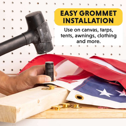 Half-Inch Grommet Tool Kit With 12 Solid Brass Grommets in use for fabric repair, showcasing easy installation on flag with mallet and tools
