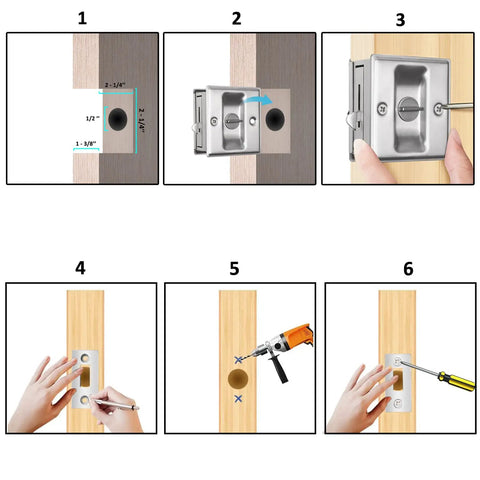 Installation guide for Slick Brushed Nickel Pocket Sliding Door Lock And Privacy Pull Handle With Reversible Latch Hardware Kit.