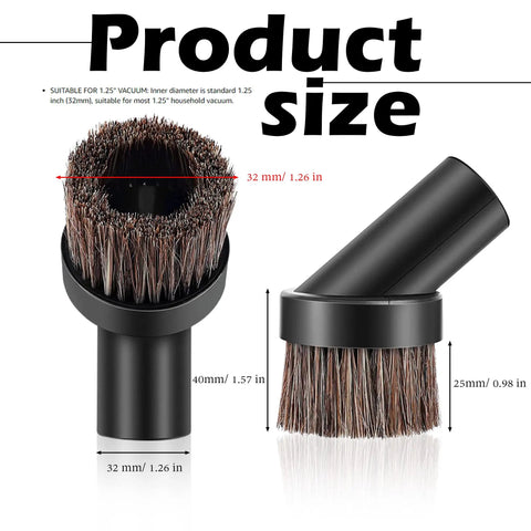Dusting Brush With Soft Horsehair Bristles For Vacuum Cleaner 1.25 Inch Round Attachment, dimensions labeled