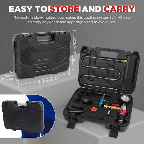 No Sweat Universal Coolant Vacuum Refill Kit For Cars With Super Long Hose Precise Pressure Gauge And Quick Connect Adapters in a custom storage case.