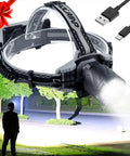 Ridiculously Bright Rechargeable LED Headlamp For Adults With 500000 Lumens shown illuminating a park with USB cable