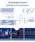 Hands On Soldering Practice Kit With Digital Clock Rotating LED Running Light Temperature Control Light Control Transparent Case with circuit diagrams and components for DIY learning.