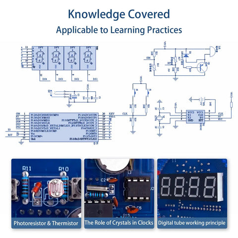 Hands On Soldering Practice Kit With Digital Clock Rotating LED Running Light Temperature Control Light Control Transparent Case with circuit diagrams and components for DIY learning.