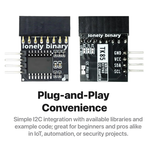 Dual I2C Enabled Heavy Duty 4x4 Matrix Keypads With I2C Bus Adapters For Arduino ESP32 S3 Raspberry Pi And IoT Projects Convert Standard 8 Pin Matrix To I2C Bus Using SDA And SCL Pins, showing I2C adapters with connectors.