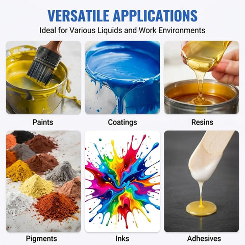 Air Driven Paint Can Mixer For 1 To 5 L Round And Square Buckets, Pneumatic Shaker With 30 Degree Oscillation And Adjustable Clamp System For Mixing Ink Adhesive And Coatings, A DIY Friendly Pro Grade Tool For Any Shop showing paints, coatings, resins, pigments, inks, and adhesives