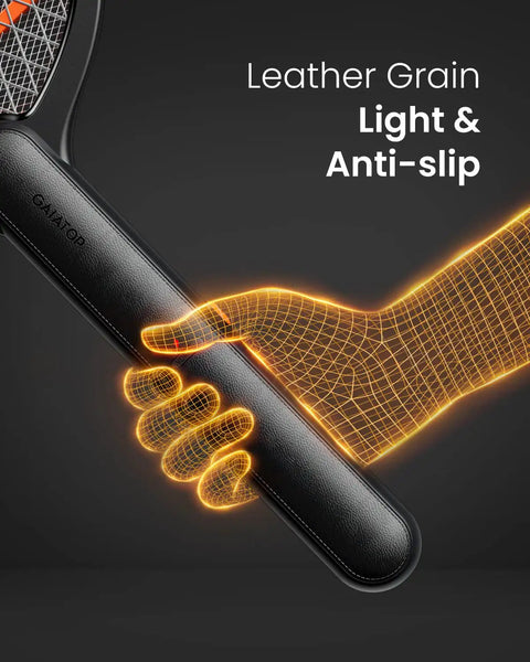 Electric Fly Zapper Racket 3800V Battery Powered Handheld Pest Control With 3 Layer Protection Grid leather grip detail