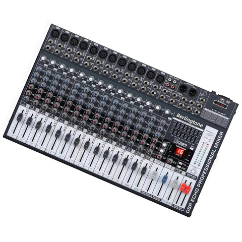 16 Channel Pro Bluetooth Studio Mixer For DJ Setup And Live Sound showing 14 mic inputs, 7 band EQ, USB MP3 player, and controls.