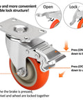 4 Inch Heavy Duty Swivel Caster Wheels With Brakes Set Of 4 Locking Casters Load 2000lbs diagram showing open and lock positions.