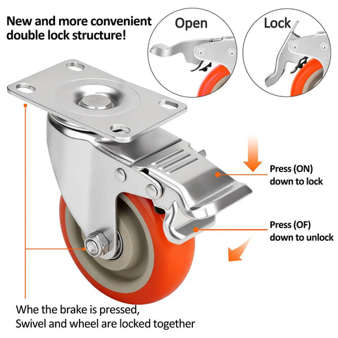 4 Inch Heavy Duty Swivel Caster Wheels With Brakes Set Of 4 Locking Casters Load 2000lbs diagram showing open and lock positions.
