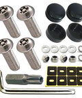 Anti Theft License Plate Screws Set In Rust Resistant Stainless Steel Tamper Proof Security Bolts For License Plates And Frames With Black Caps And Anti Rattle Pad Keeps Your Tags Tight And Theft Proof kit components in view