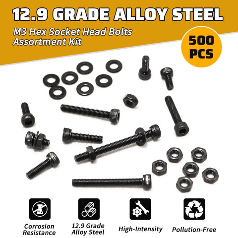 500 Piece M3 Screws Set With Hex Socket Head Bolts Nuts Washers For DIY And 3D Printer Builds, 12.9 Alloy Steel