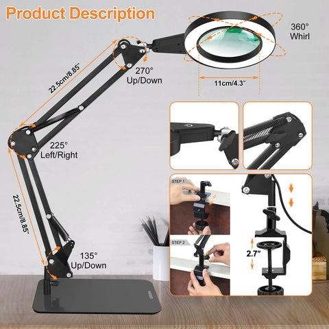 8X Real Glass Magnifying Glass With Light And Stand 2 In 1 Desk Lamp And Clamp showing adjustable arm and lens size diagram