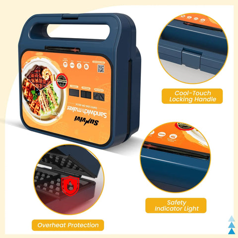 Royalcraft 3-In-1 Electric Sandwich Maker Waffle Grill And Panini Press With Non-Stick Removable Plates 1000W Power Blue Design showing features like cool-touch handle and safety indicator.