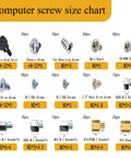 Computer screw size chart showcasing various screws and M.2 standoffs for PC builds and upgrades.