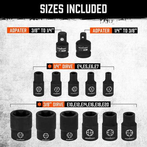 Pro Grade E Torx Socket Set 13 Piece External Kit With 11 Piece Female E Torx Sockets E4 To E20 And 2 Piece Impact Socket Adapters