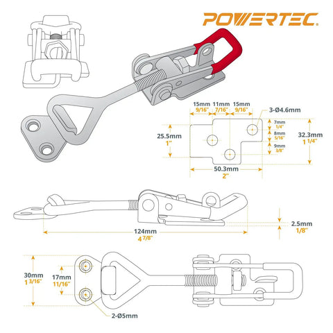 Heavy Duty Toggle Clamps 6 Pack Adjustable Pull Latch 400 Lbs Holding Force Professional Grade detailed technical drawing with measurements.