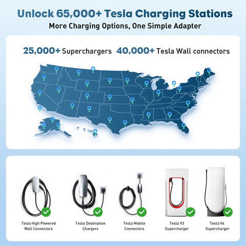 Map of Tesla charging stations with connectors, highlighting 25,000 Superchargers and 40,000 Wall connectors.