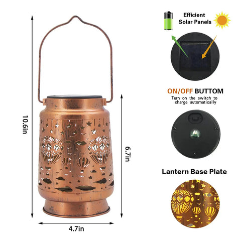 Hot Air Balloon Solar Lanterns For Outdoors Retro Vibe Waterproof Hanging LED Light For Garden Yard Patio Lawn Landscape Cozy Outdoor Decor Gift For Women Mom Grandma Birthday Thanksgiving, bronze lantern with cut-out patterns and a solar panel.