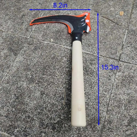 Long Handle Scythe Tool For Yard Work, Heavy Duty Sickle Garden Tool with 15.3in wooden handle and 8.2in manganese steel blade