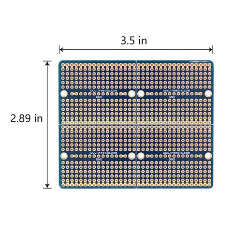 Four Piece Solderable Breadboard Shield With Split Design PCB Prototyping Board Double Sided Tinned Gold Plated Holes dimensions