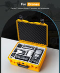 Yellow Waterproof PVC1 Hard Camera Case With Padded Dividers For Cameras Lenses And Dual Drones Like DJI Mavic Air Mini And Fly Series A Tough Travel Gear Organizer Case For On The Go showing organized interior.
