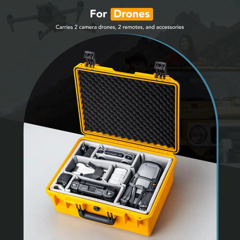 Yellow Waterproof PVC1 Hard Camera Case With Padded Dividers For Cameras Lenses And Dual Drones Like DJI Mavic Air Mini And Fly Series A Tough Travel Gear Organizer Case For On The Go showing organized interior.