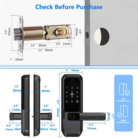 WiFi Smart Deadbolt With Handle And Video Peephole dimensions and installation guide for city pros in upscale apartments.