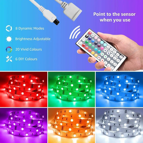 Hand holding remote for 65.6 Foot Ultra Long RGB LED Strip Lights With Remote Control, 5050 LED Tape Color Changing, showcasing colors