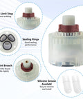 Pressure Balance Shower Cartridge Replacement for R110 R115 Control Valves, components view with sealing rings and hot limit stop.
