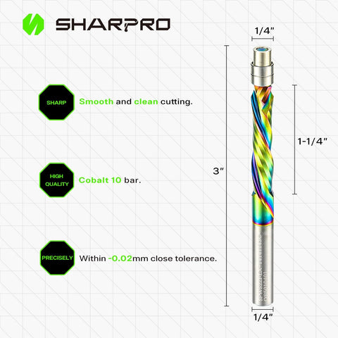 SHARPRO side view: compression flush-trim router bit with 1/4 in shank, 3 in OVL, 1-1/4 in CL, bottom bearing, coated carbide.