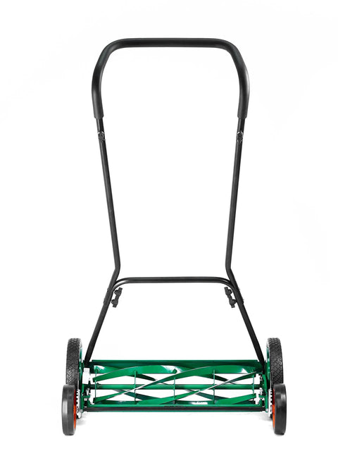 Front view of Manual 20-Inch 5-Blade Push Reel Lawn Mower With Ball Bearing Reel, Dual Tracking Wheels, Green Finish