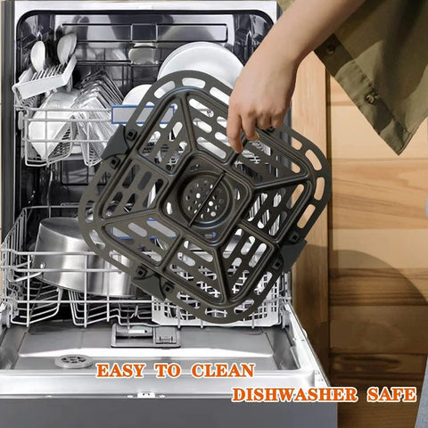 Upgraded Square Air Fryer Grill Plate For 2 Quart Instant Vortex Mini Nonstick Crisper Pan Insert Rack being cleaned in a dishwasher.