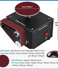 Topshelf Mini Belt And Disc Sander Combo Featuring Independent Dual Motor Controls, Four Inch Grinding Pad, And Quick Swap Belt Sander Hitting Eight Grand Rpm For Knife Sharpening, Wood, Metal, And Diy Projects with sanding specs shown.