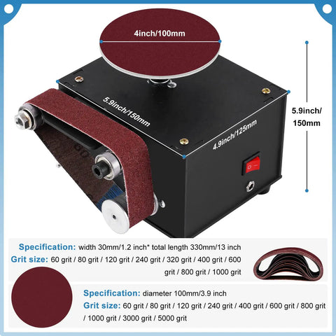 Topshelf Mini Belt And Disc Sander Combo Featuring Independent Dual Motor Controls, Four Inch Grinding Pad, And Quick Swap Belt Sander Hitting Eight Grand Rpm For Knife Sharpening, Wood, Metal, And Diy Projects with sanding specs shown.