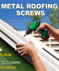 Top Shelf Badass Metal Roofing Screws Number 10 X 1 Inch 300 Pack With Rubber Washers White rust-resistant, being installed on metal.