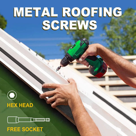 Top Shelf Badass Metal Roofing Screws Number 10 X 1 Inch 300 Pack With Rubber Washers White rust-resistant, being installed on metal.